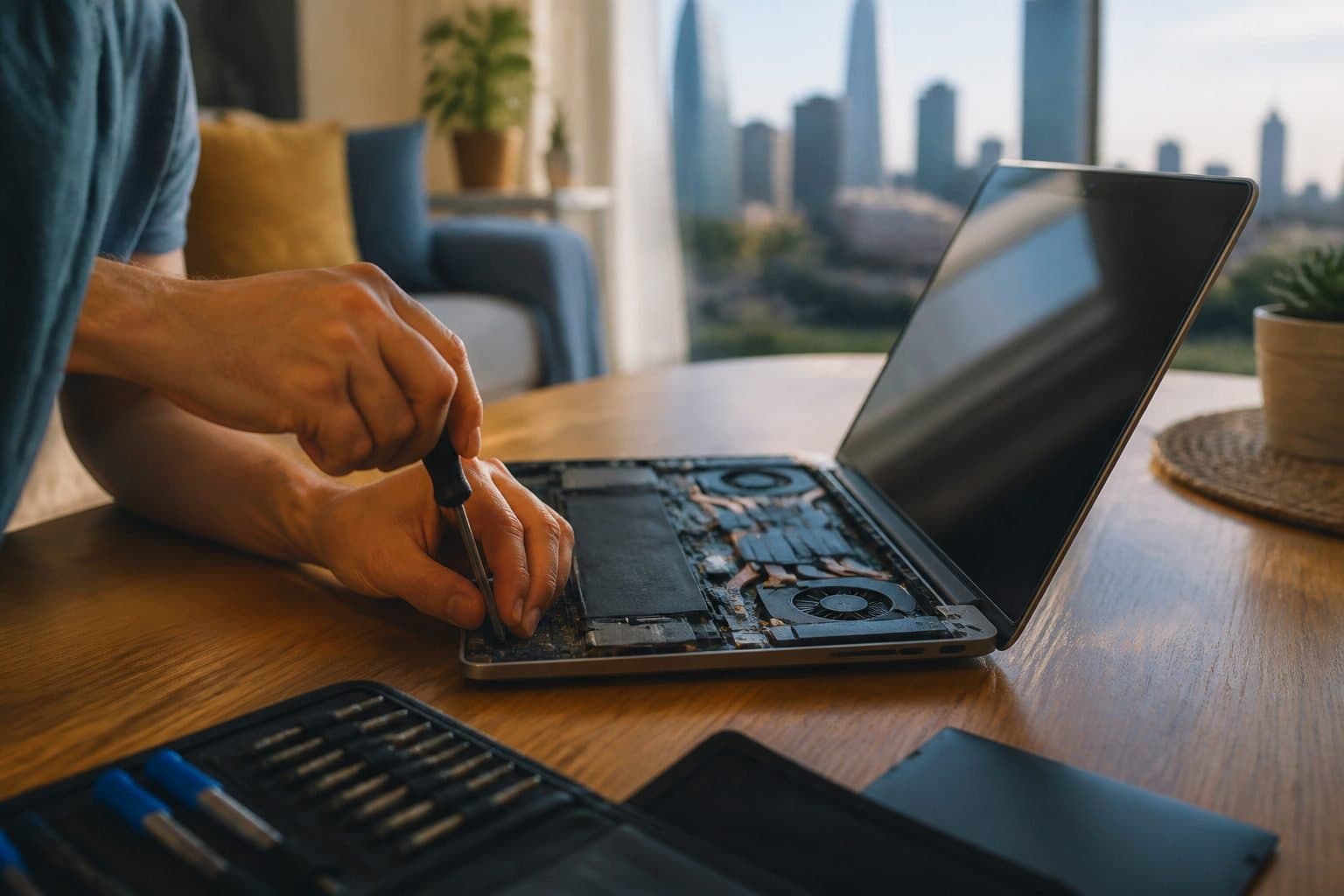 Laptop repair setup at a customer home